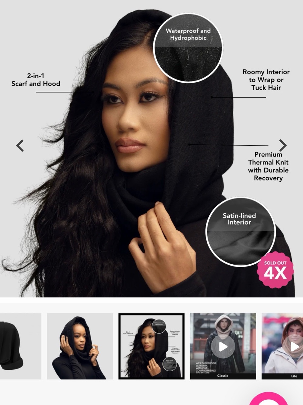 Hairbrella Black Satin-Lined Hooded Scarf for Women - Waterproof Knit Hood